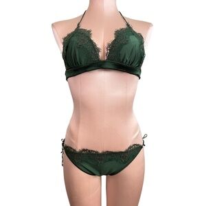Oséree Womens M Dark Green Halter Lace Bikini Set Swimwear Lingerie Italy